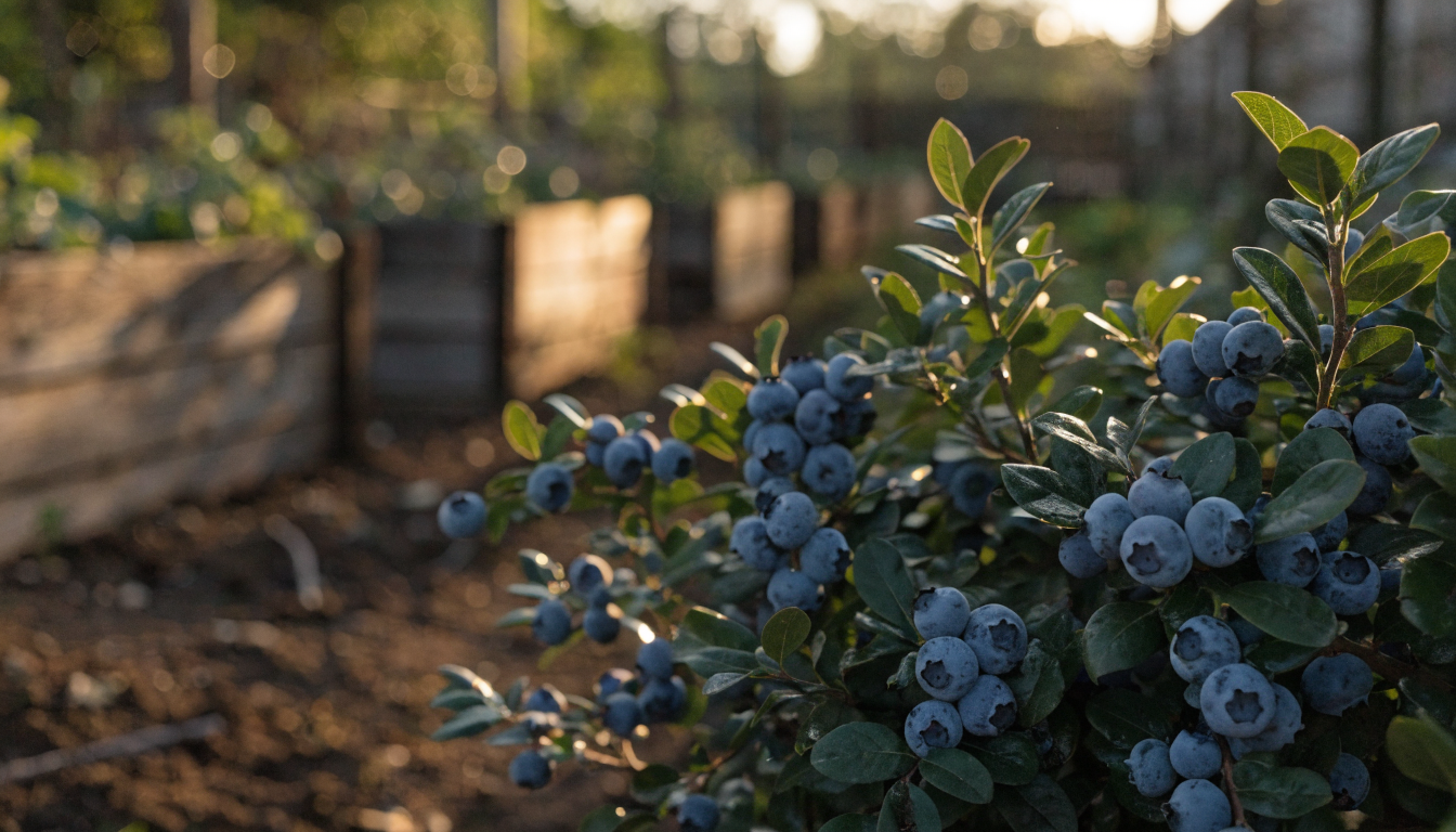Ripe blueberries growing on the bush in an organic garden