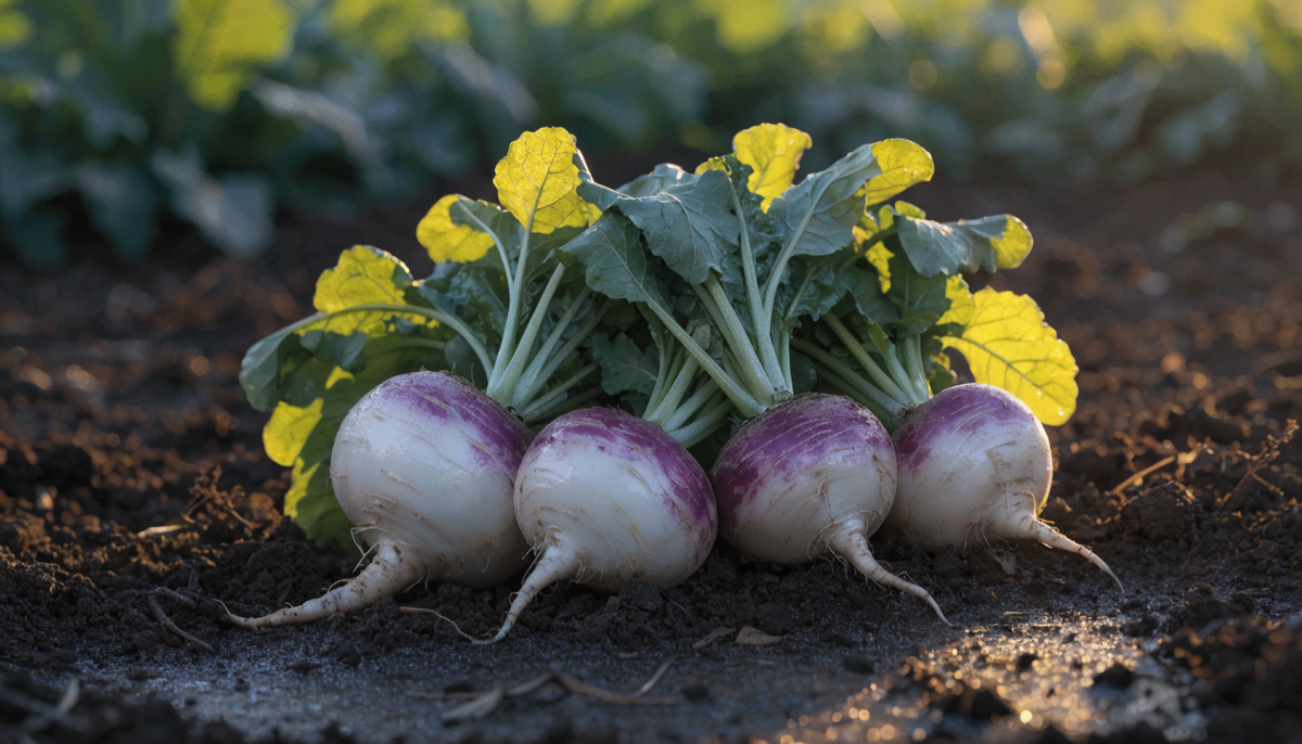 Freshly harvested purple-top white globe turnips with green tops on rich soil in a sunlit organic garden