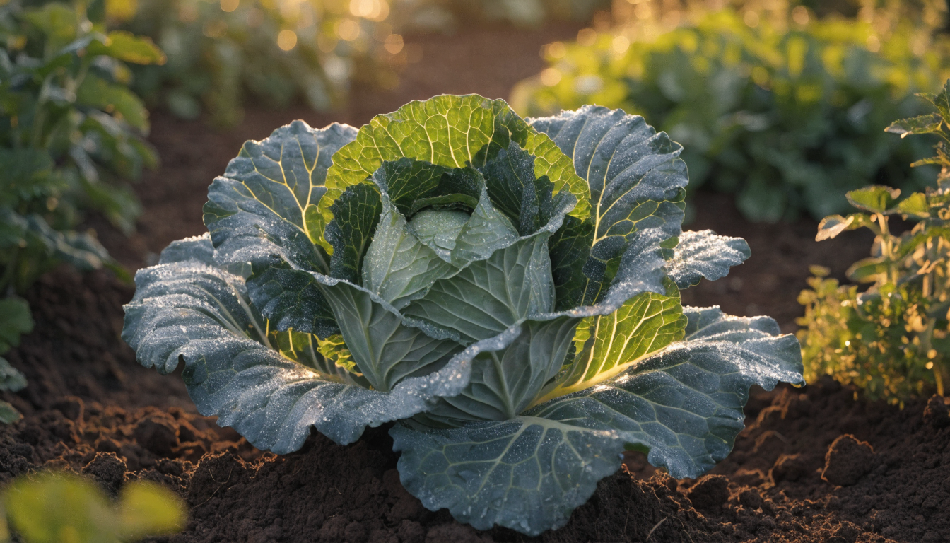 A mature organic green cabbage head with dew-beaded leaves growing in rich dark soil at golden hour, lush garden blurred behind.