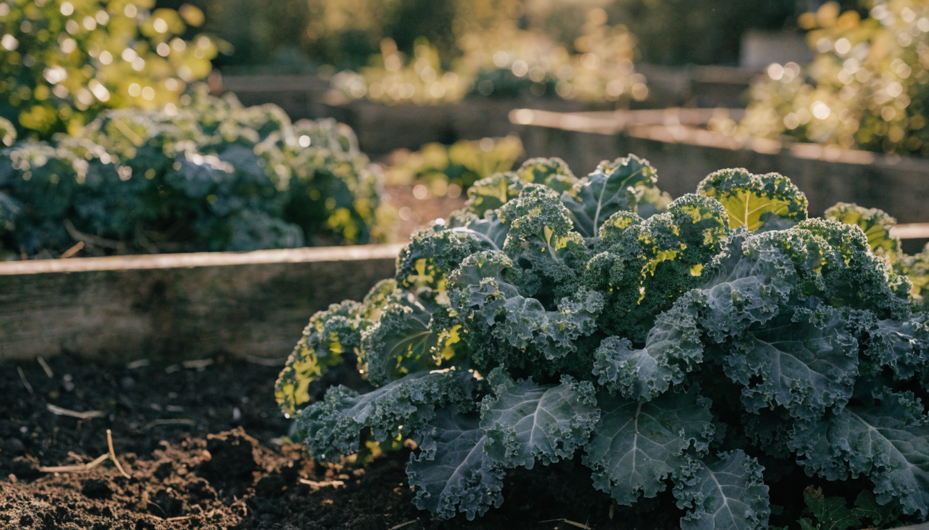 Lush curly kale growing in an organic raised garden bed