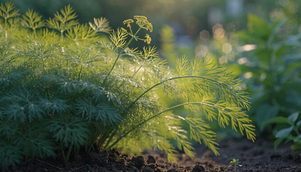 Feathery green dill plants with an emerging yellow flower head growing in rich organic garden soil at golden hour