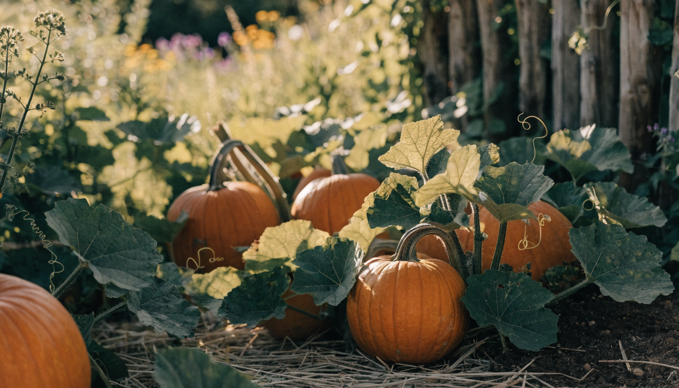 Pumpkins ripening on the vine in an organic garden patch