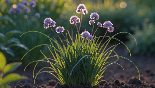 Clump of flowering organic chives with purple blossoms glowing in golden-hour garden light