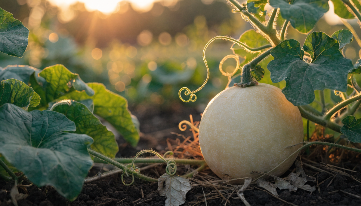 A ripe cream-colored honeydew melon on the vine among green leaves in a sunlit organic garden at golden hour