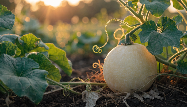 A ripe cream-colored honeydew melon on the vine among green leaves in a sunlit organic garden at golden hour