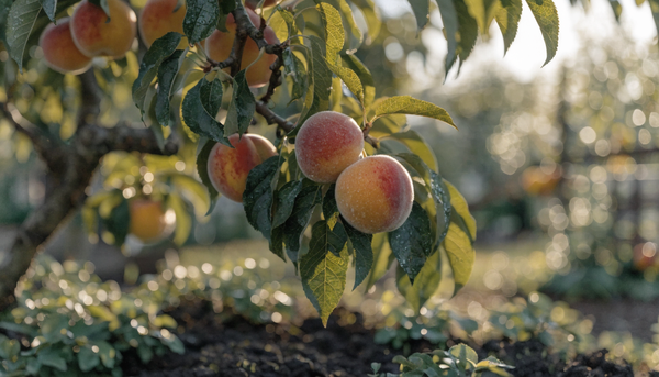 Ripe sun-blushed organic peaches hanging on a leafy branch in a lush garden at golden hour