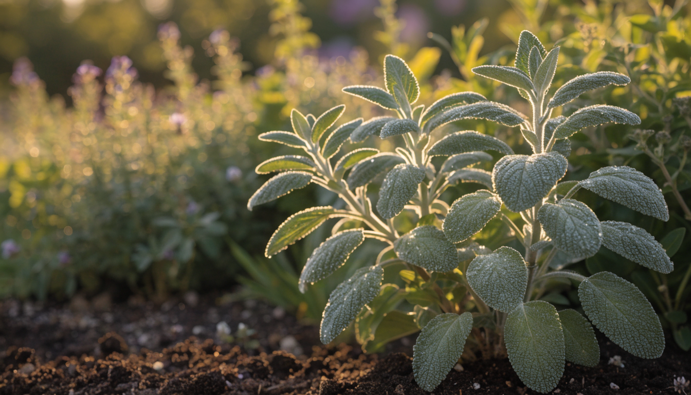 Silvery-green garden sage plant growing in rich soil, backlit by warm golden-hour sunlight with a lush organic herb garden blurred behind it.
