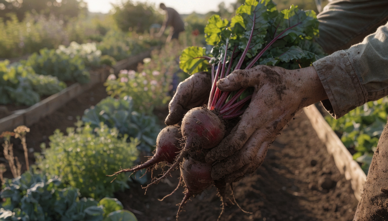 Freshly harvested organic beets held in a gardener's hands