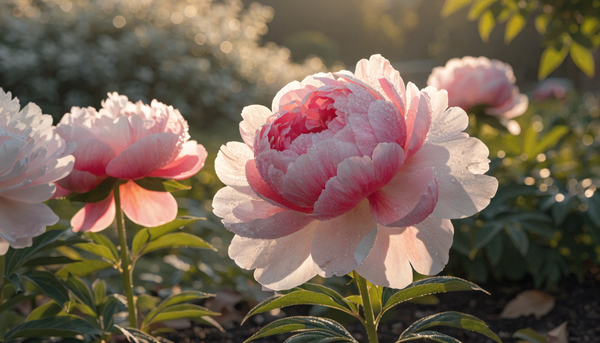 Peony shrub in full bloom with pink and coral flowers in a lush organic garden at golden hour