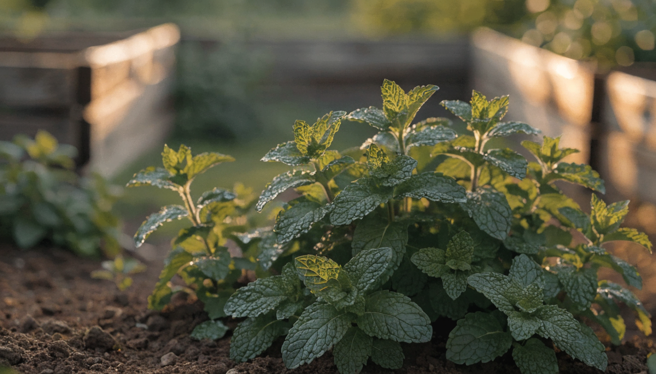 Fresh organic mint growing in the garden