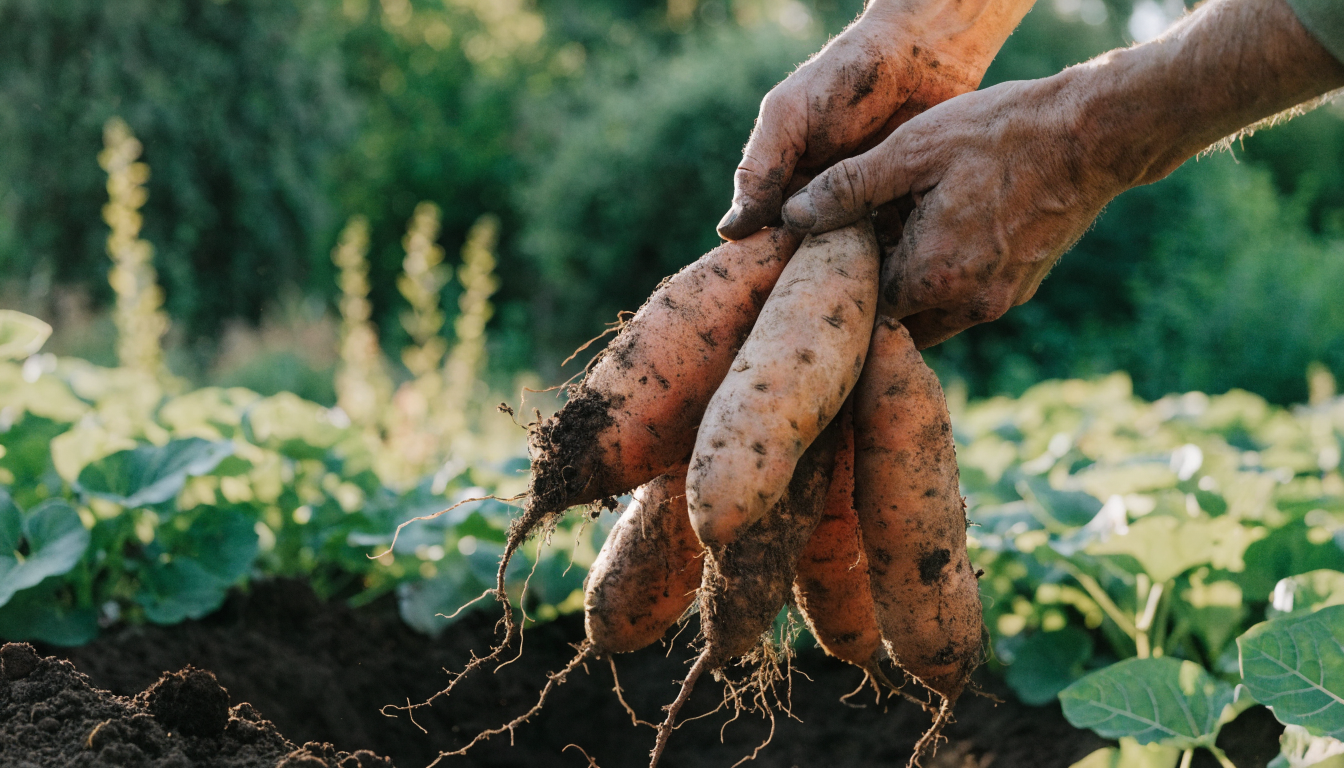 Freshly dug organic sweet potatoes in a gardener's hands