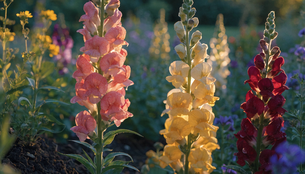 Tall snapdragon flower spikes blooming in an organic garden at golden hour