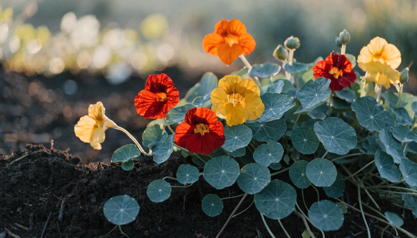 Scarlet, orange, and yellow nasturtium flowers blooming on a trailing plant with round leaves in a sunlit organic garden bed at golden hour