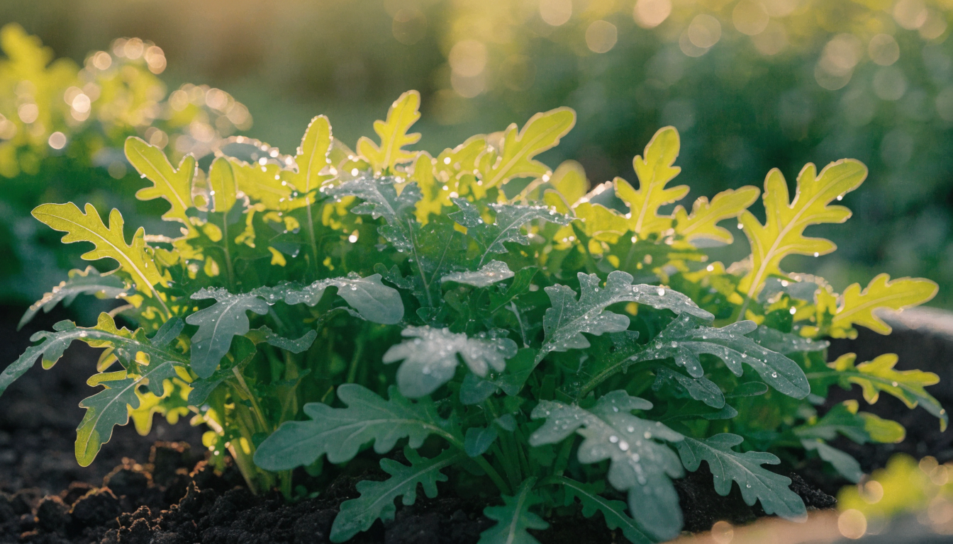 Fresh organic arugula leaves growing in rich soil, backlit by golden-hour sunlight in a lush garden