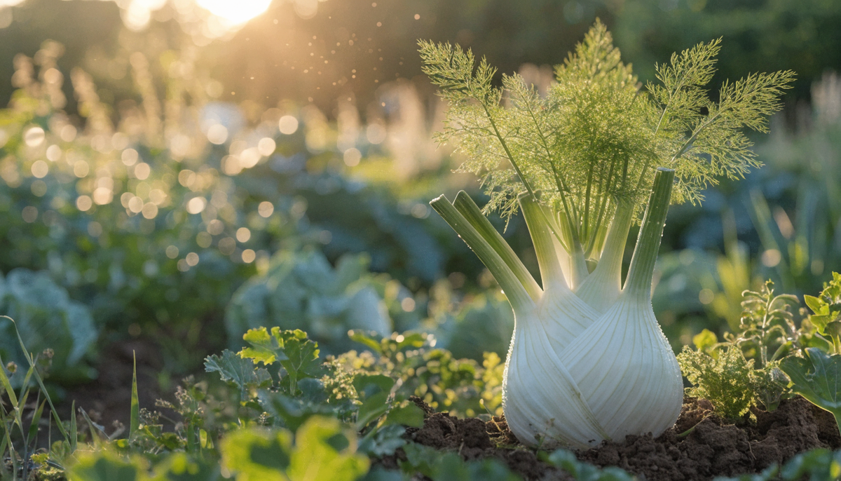A mature Florence fennel plant with a plump white bulb and feathery green fronds growing in rich soil, backlit by golden-hour sun in an organic garden.