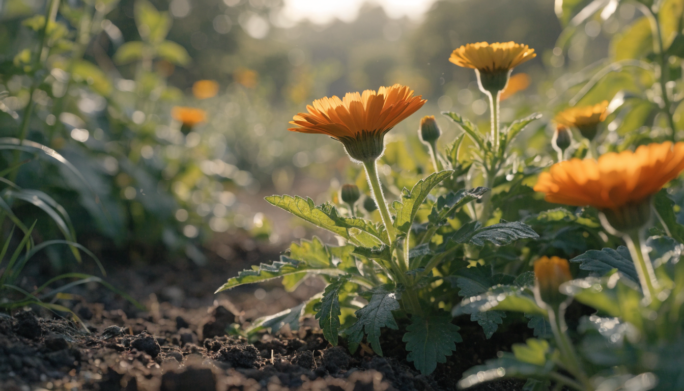 Bright orange and yellow calendula flowers blooming in a sunlit organic garden bed