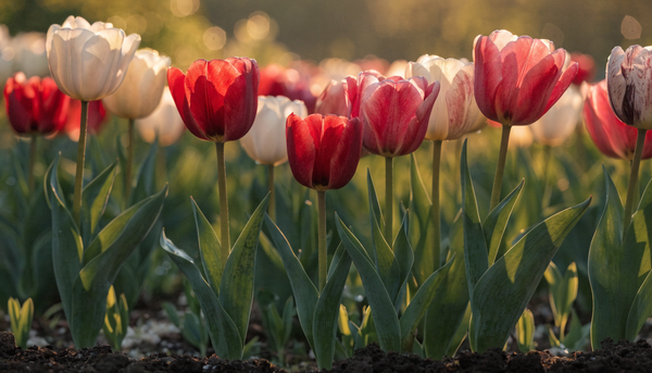 Red, pink, and white tulips in full bloom in a lush organic garden bed at golden hour