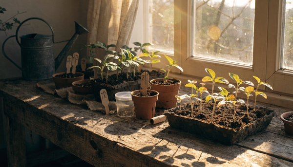 Trays of young organic vegetable seedlings on a wooden potting bench in golden-hour window light