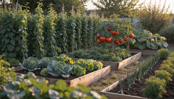 Golden-hour organic vegetable garden with four raised beds of different crop families