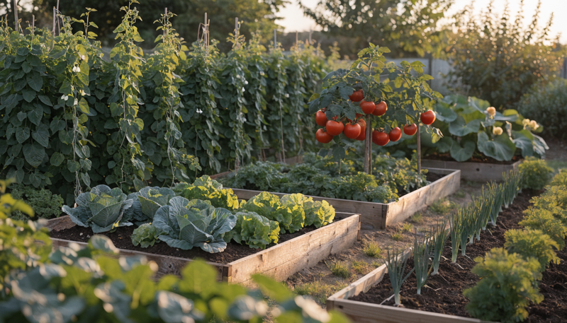 Golden-hour organic vegetable garden with four raised beds of different crop families