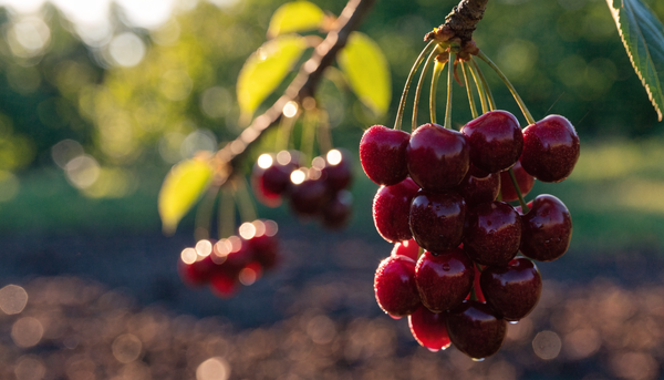 Cluster of ripe deep-red organic cherries with stems on the tree, backlit by golden-hour sunlight with a lush garden behind.