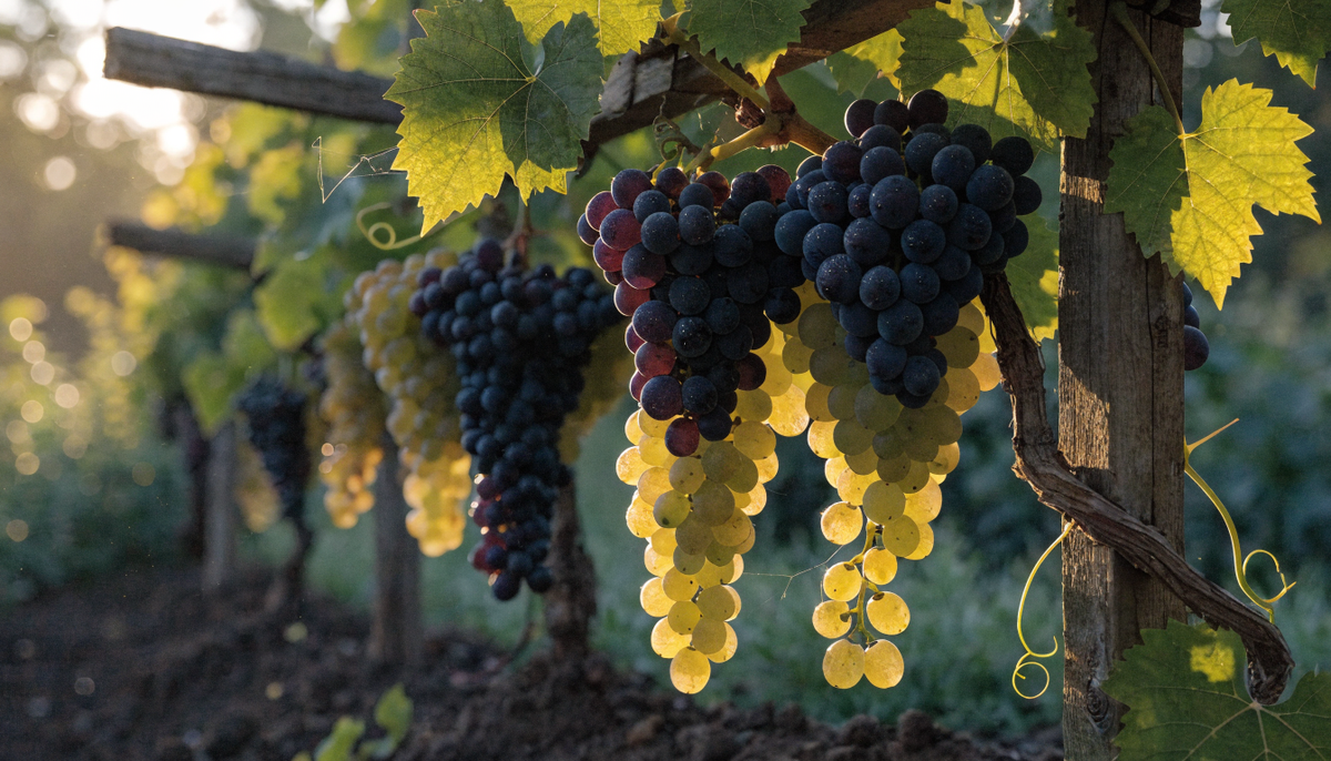 Ripe purple and green grape clusters hanging on an organic vine at golden hour