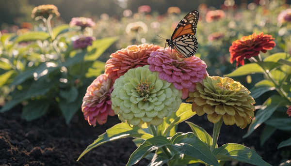 Vivid coral, magenta, and lime double zinnias blooming in a lush organic cutting garden at golden hour