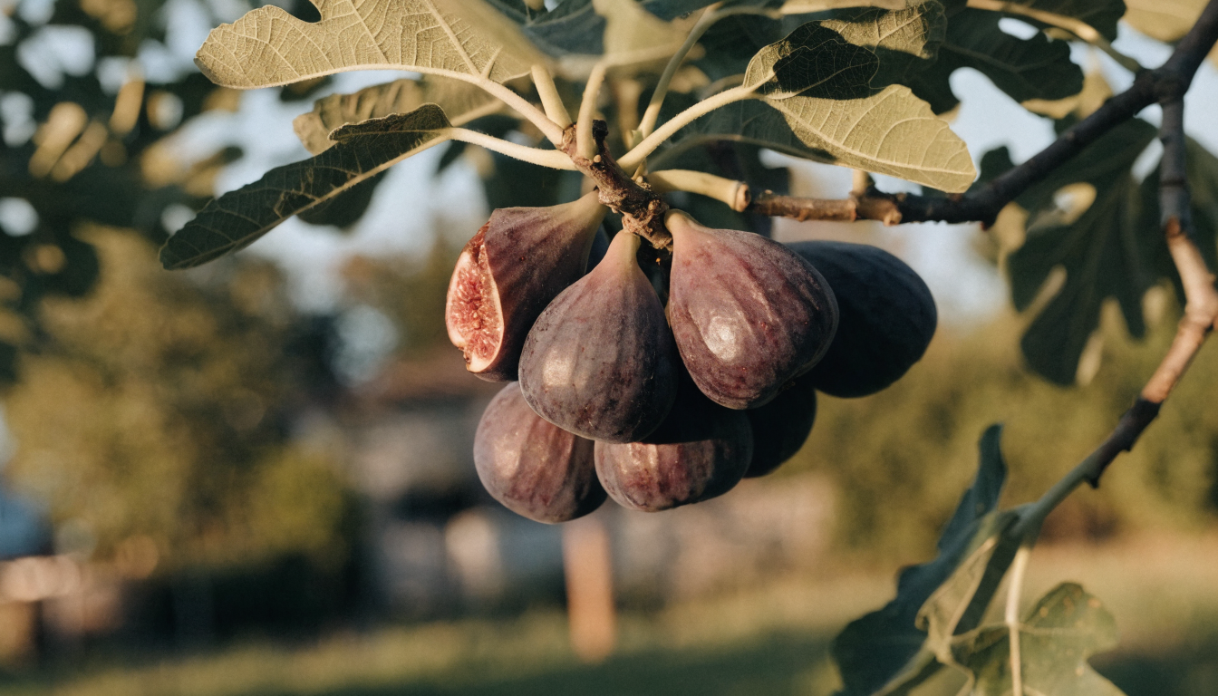 Ripe figs on the branch of an organic fig tree