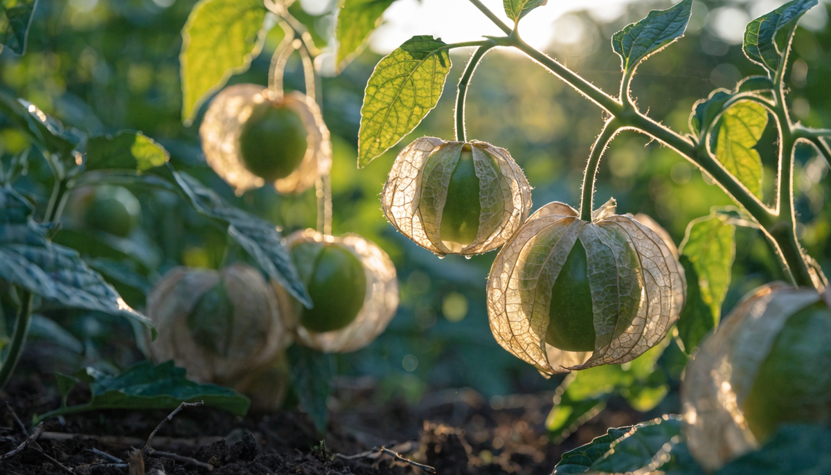 Ripe green tomatillos with split papery husks on a leafy plant in an organic garden at golden hour