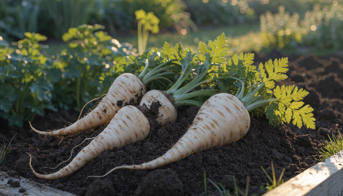 Freshly harvested organic parsnips with green tops lying on rich dark soil in a garden bed at golden hour