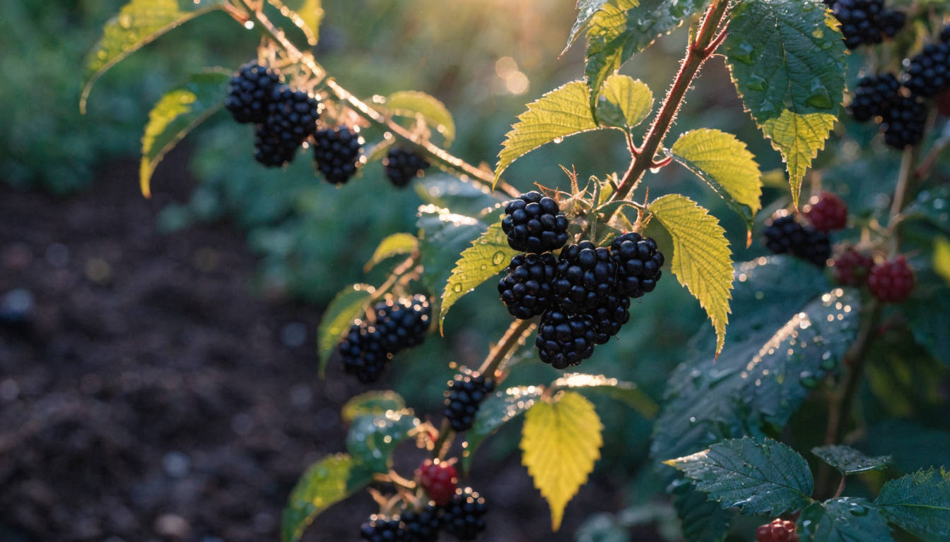 Ripe organic blackberries clustered on a leafy cane in warm golden-hour garden light