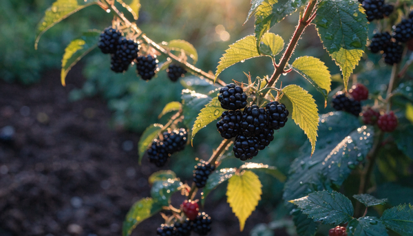 Ripe organic blackberries clustered on a leafy cane in warm golden-hour garden light