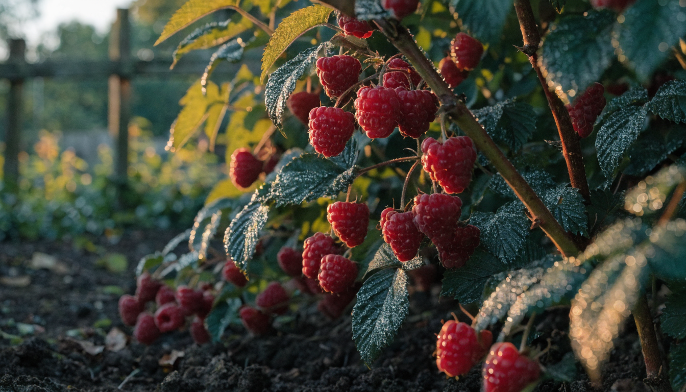 Ripe red raspberries on the cane in an organic garden