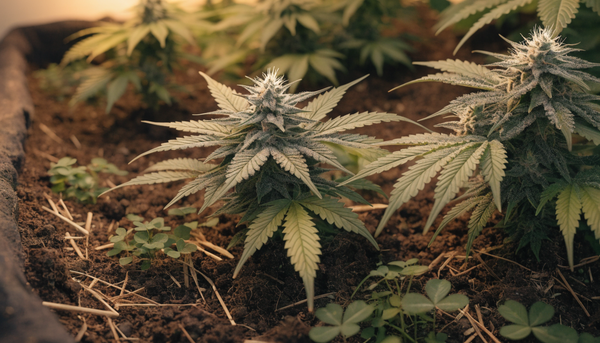 Healthy organic cannabis plants growing in a living-soil no-till bed with straw mulch and cover crop.