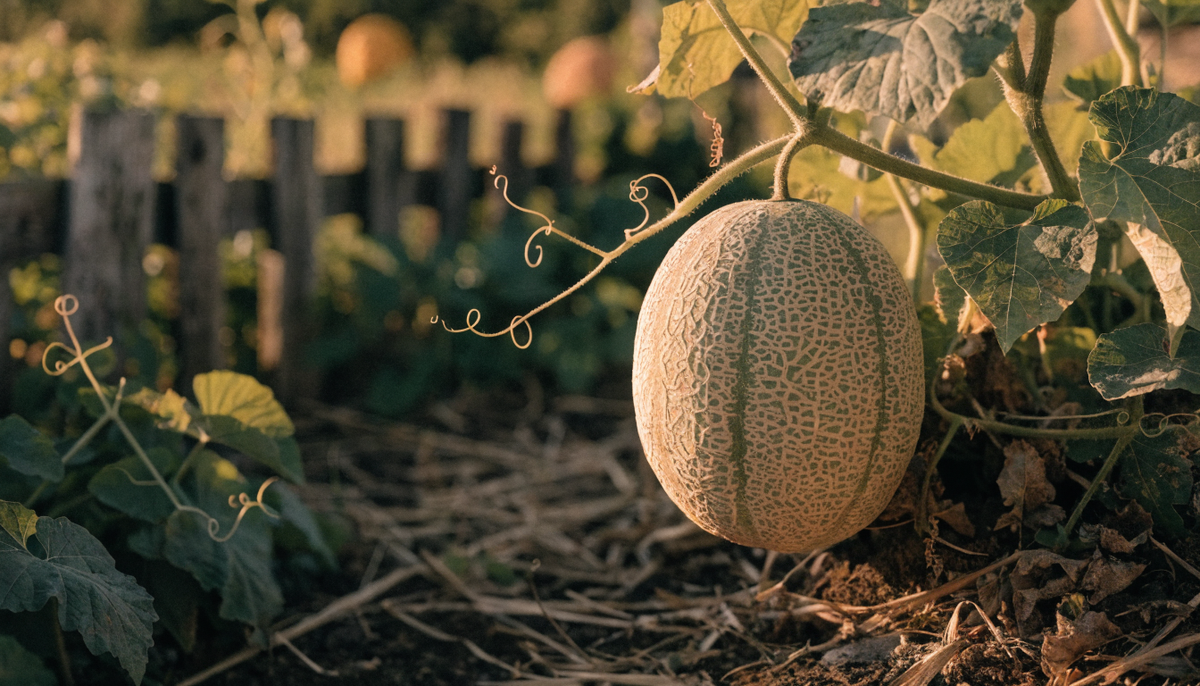 Cantaloupe ripening on the vine in an organic garden