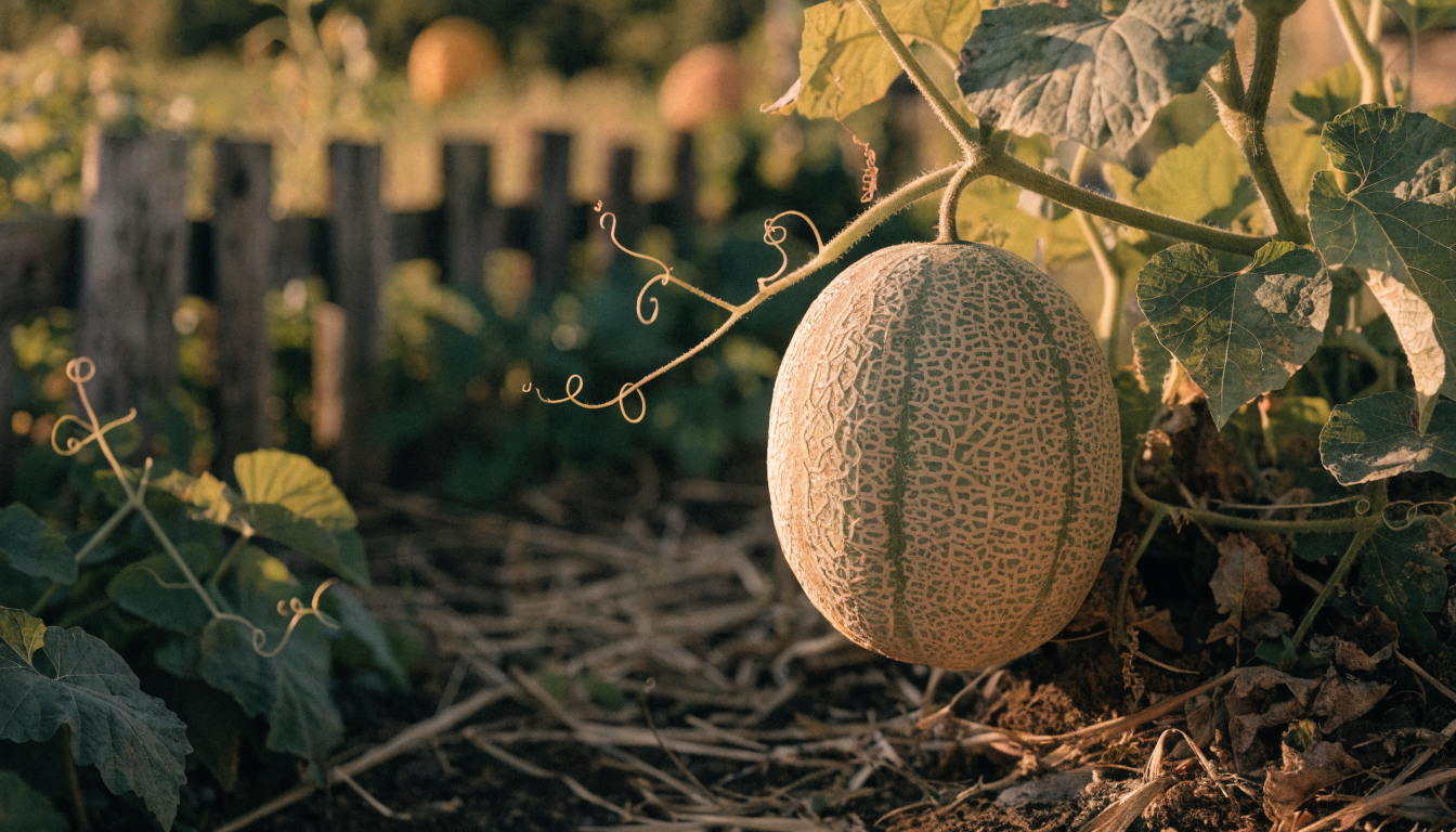 Cantaloupe ripening on the vine in an organic garden