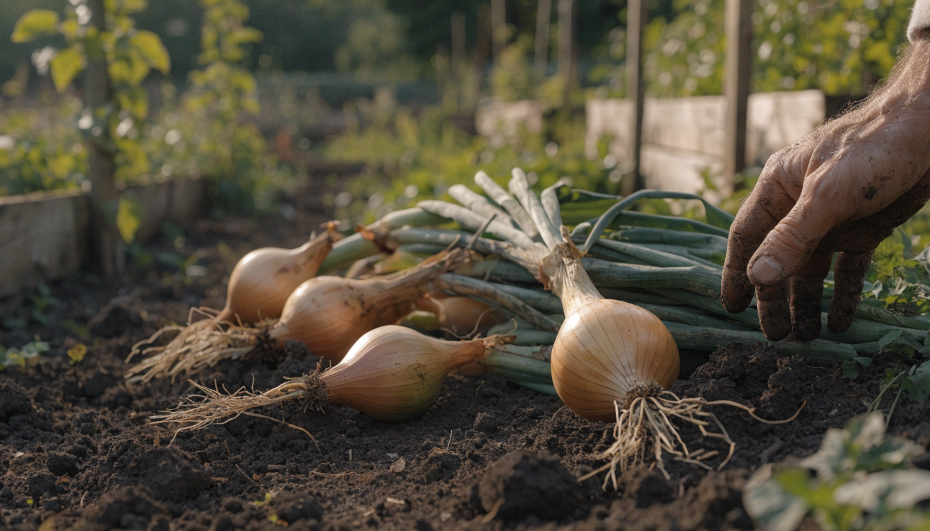 Freshly harvested organic onions curing in the garden bed