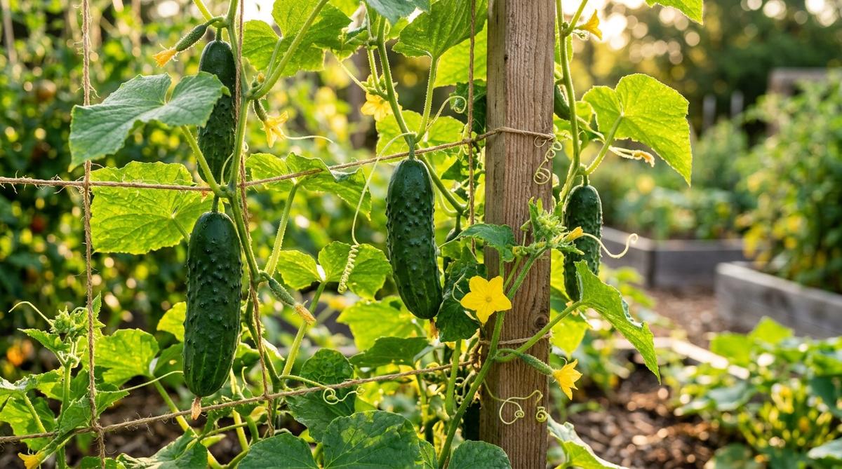 Fresh dark green cucumbers growing on a vine trellis with yellow flowers in an organic garden