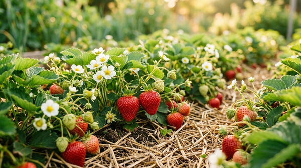 Ripe organic strawberries in a garden bed with straw mulch and white strawberry flowers