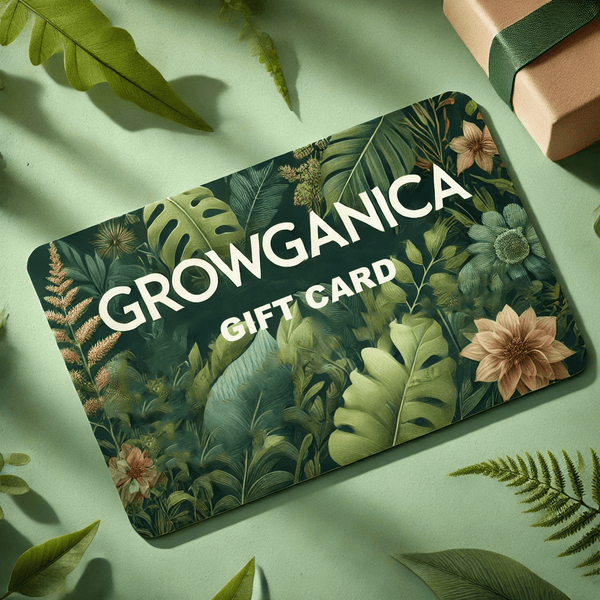 Growganica gift card showcasing lush greenery and flowers, perfect for organic and vegan gardening enthusiasts.
