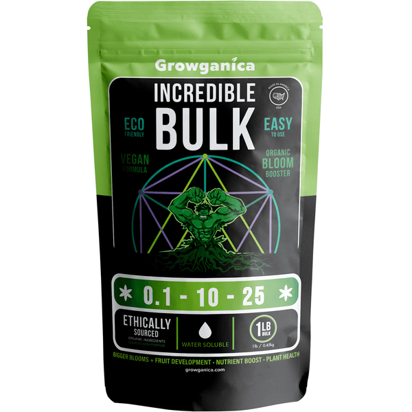 Growganica Incredible Bulk Organic Bloom Booster 0.1-10-25, eco-friendly plant nutrition for vibrant blooms and fruits.
