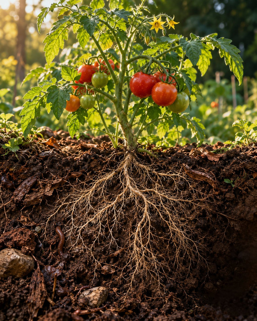 Illustrated tomato plant with a cutaway of its roots and soil