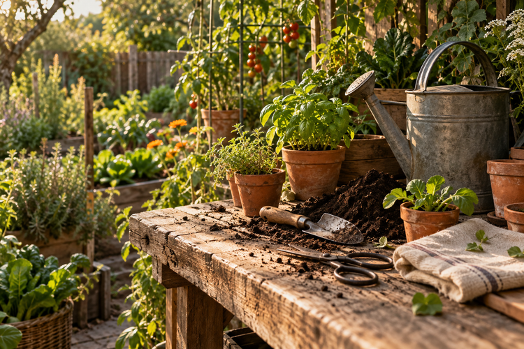 Concept garden workbench with a watering can, seedlings, and terracotta pots